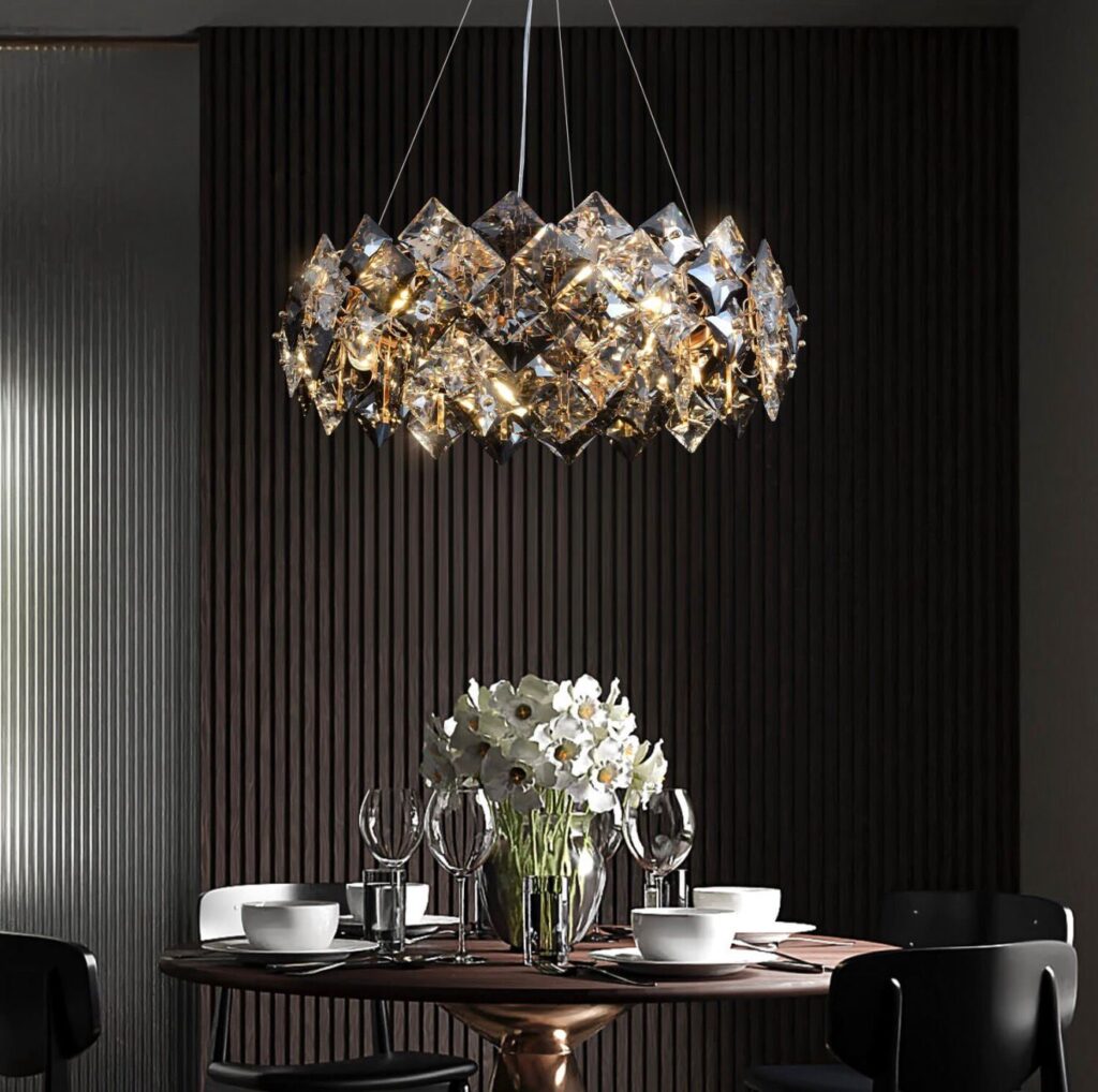 Crystal chandelier over a dining table