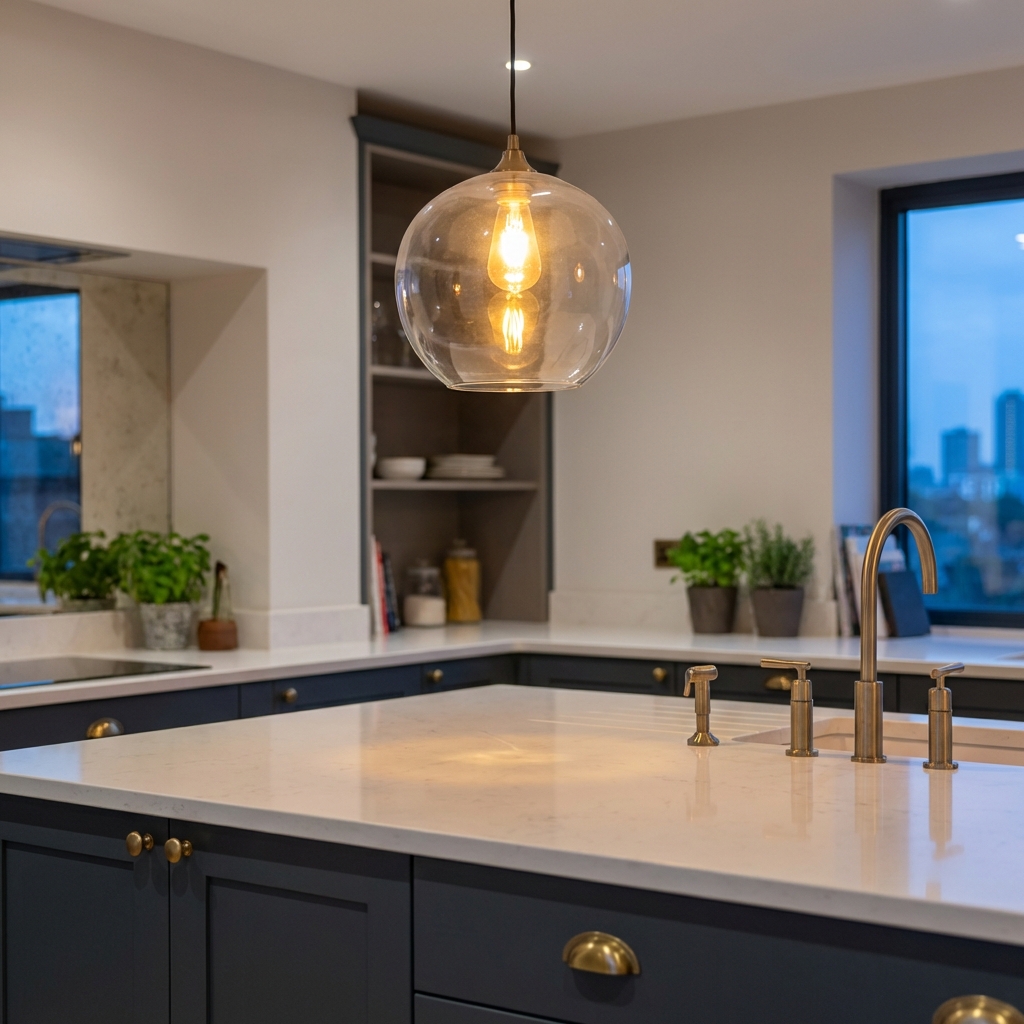 A glowing glass pendant above a kitchen island