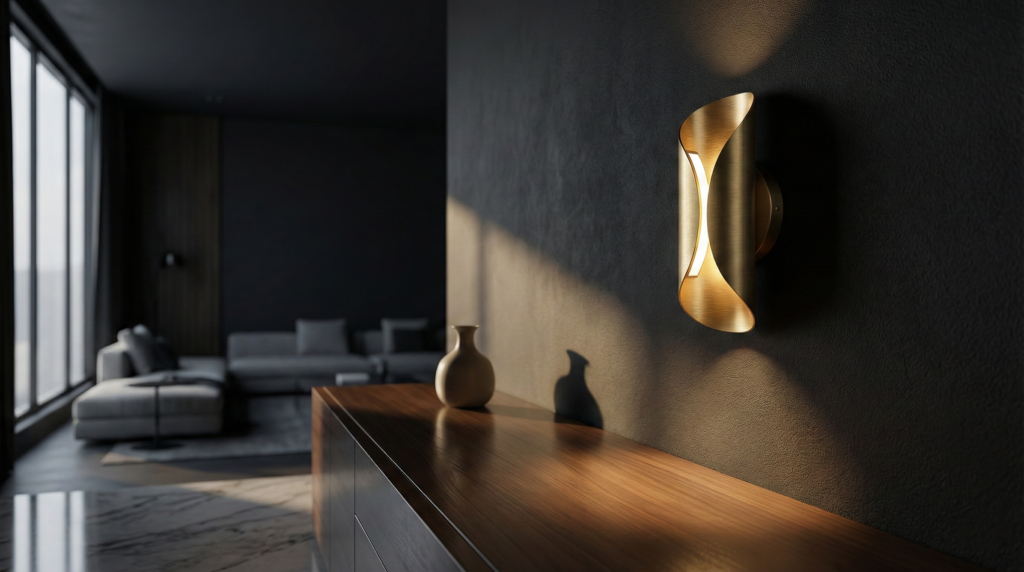 A sculptural brass wall light illuminating a dark living room
